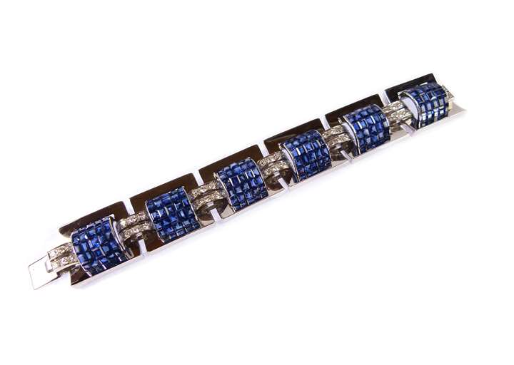 Mid-20th century sapphire, diamond and 18ct white gold panel bracelet
